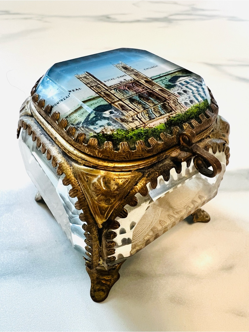 Antique French Ormolu Beveled Glass Jewel Box Casket Montreal Notre-Dame c.1900